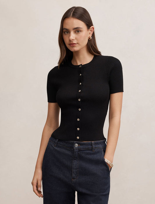 Sophie Button Through Rib T-Shirt Black Forever New