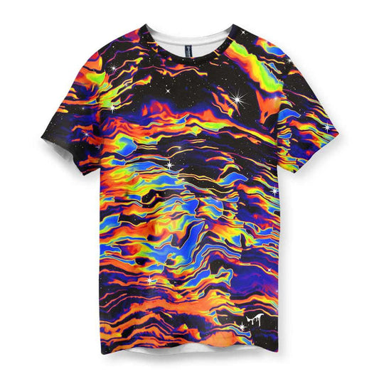 This design merges cosmic imagery with psychedelic distortion for a surreal liquid motif set against a void black background. Contact us with accessibility feedback, we'd love to help!