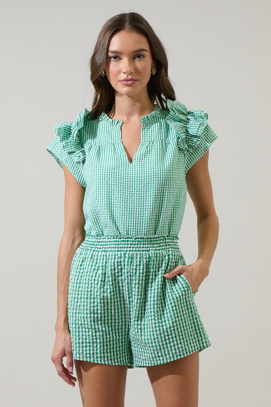 Tamara Gingham Ramona Ruffle Split Neck Top