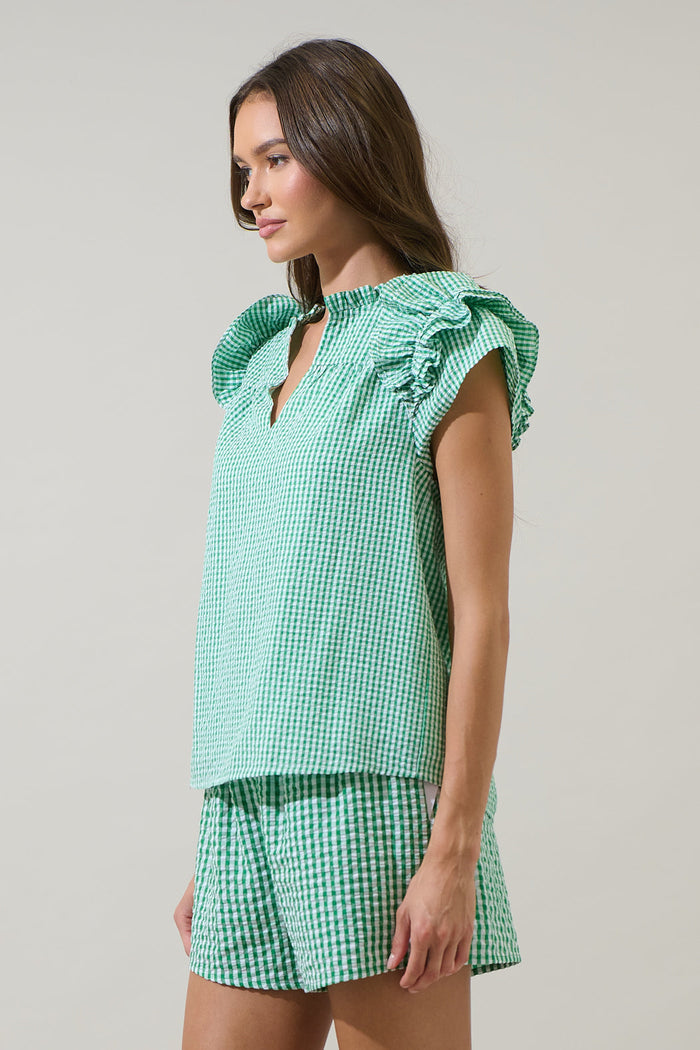 Tamara Gingham Ramona Ruffle Split Neck Top