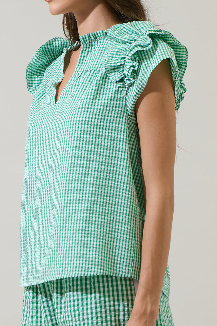 Tamara Gingham Ramona Ruffle Split Neck Top