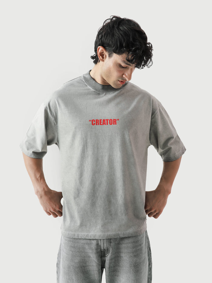 The Creator Tee female model front view oil fade oversized streetwear Pakistan – GROOVY