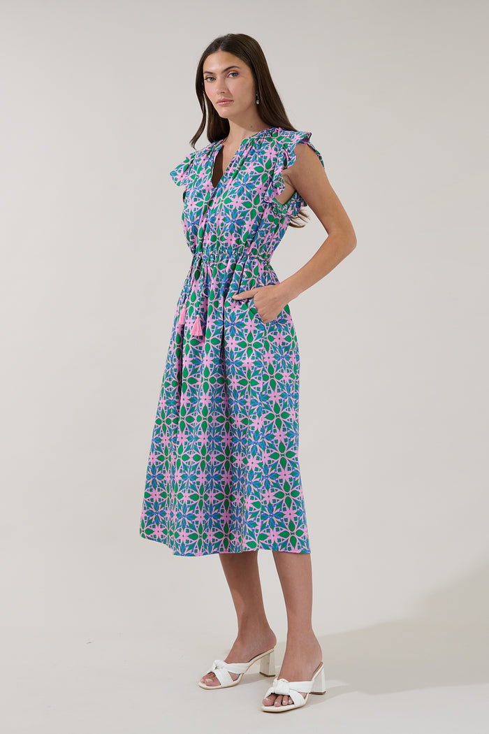 Tiarna Ruffle Midi Dress Geo