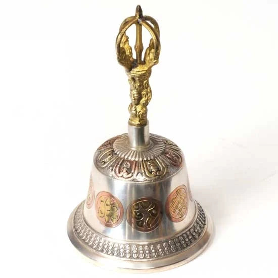 Tibetan Brass Bell – Ashtamangala Design – 8"