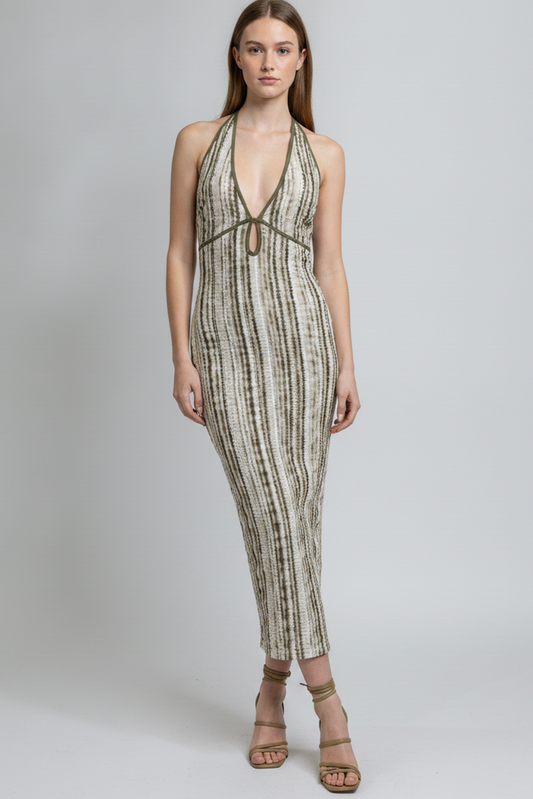 Tie-Back Halter Keyhole Printed Midi Dress