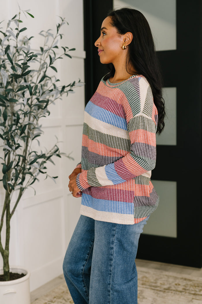To Be Determined Drop Shoulder Top in Rust, Olive and Blue