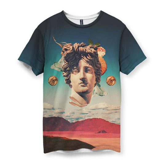 This surreal, vaporwave-inspired digital collage centers on a floating Greco-Roman marble bust adorned with vintage pink roses and metallic golden orbs. Contact us with accessibility feedback, we'd love to help!
