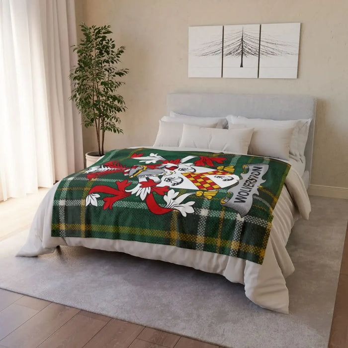 Wolverston Irish surname printed polyester throw blanket with crest-style emblem
