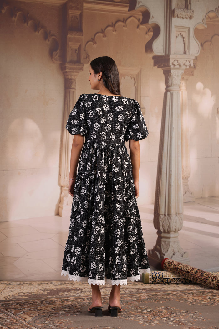 Women's Black and White Cotton Flared Dress