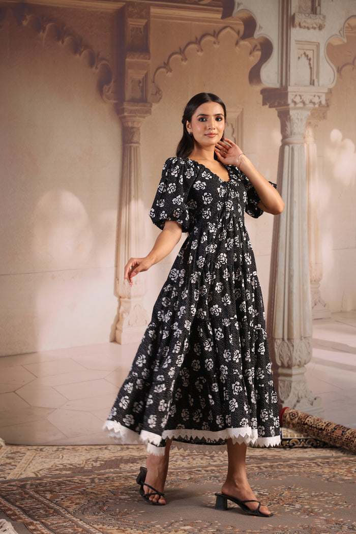 Women's Black and White Cotton Flared Dress