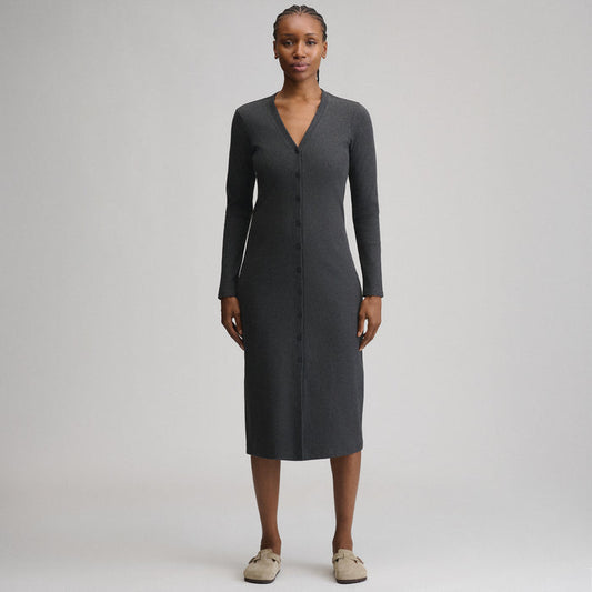 Women's Long-Sleeve Button Front Ribbed Knit Midi Dress-Charcoal-1