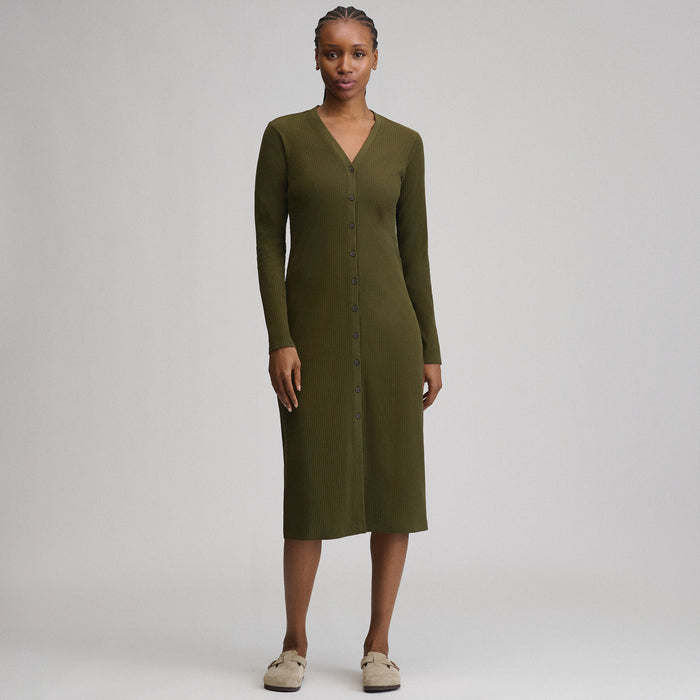 Women's Long-Sleeve Button Front Ribbed Knit Midi Dress-Deep Olive-5