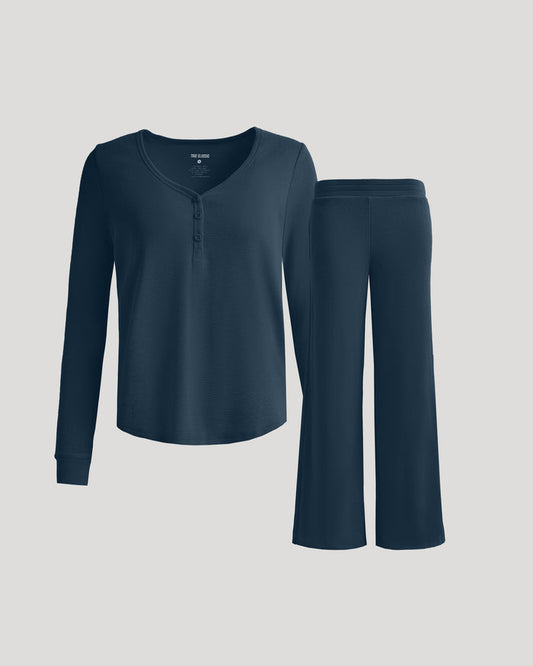 Womens Navy Waffle Long Sleeve Henley & Waffle Leg Pant Set