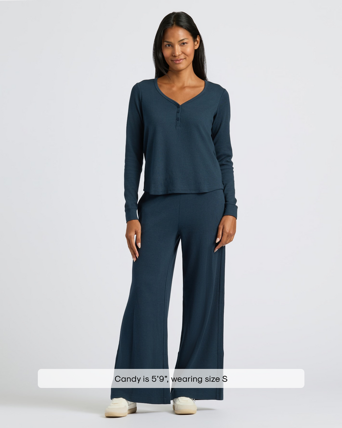 Womens Navy Waffle Long Sleeve Henley & Waffle Leg Pant 2-Pack worn by model.