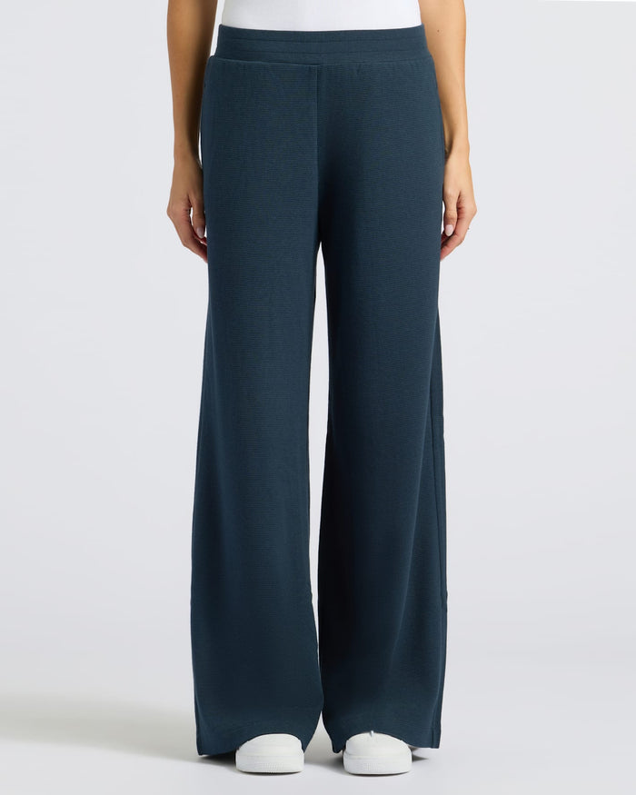 Womens Navy Waffle Long Sleeve Henley & Waffle Leg Pant modeled.