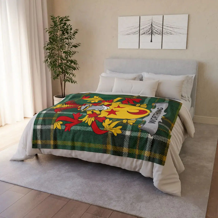 Worthing Irish surname printed polyester throw blanket with crest-style emblem