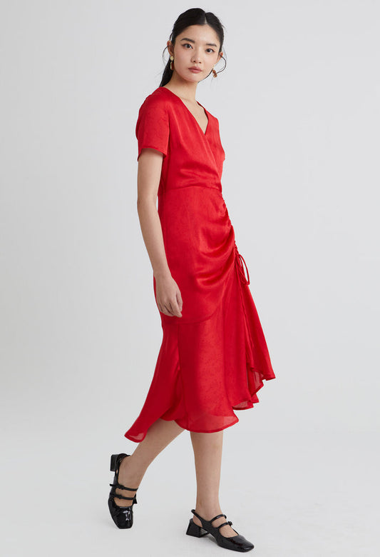 Wrap-over Drawstring Ruching Midi Dress