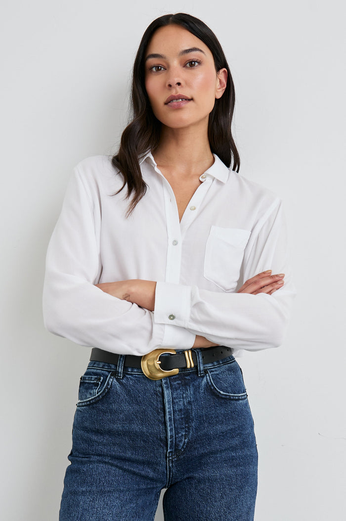 Wren Long-Sleeve Button Up with Chest Patch Pocket in White Colorway - Front Tucked View Featured on Model