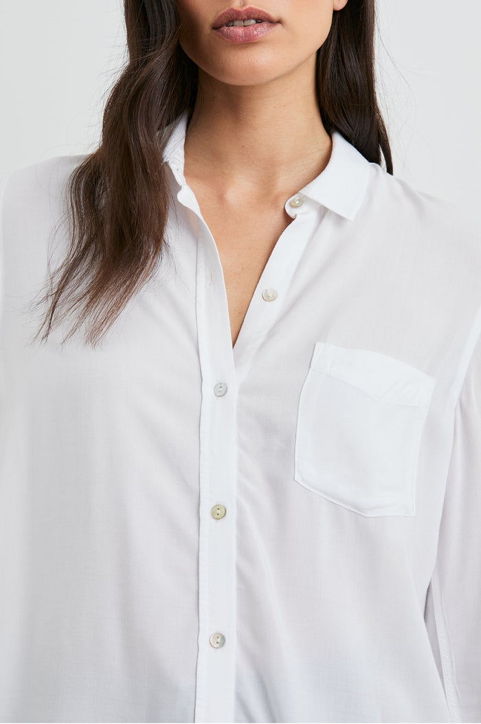 Wren Long-Sleeve Button Up with Chest Patch Pocket in White Colorway - Front View Featured on Model